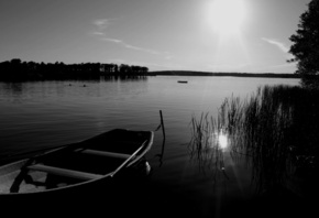 рассвет, озеро, лодка