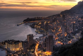 Монте-Карло, город, море, закат, дома, Монако, княжество, курорт