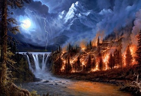 пейзаж, река, водопад, пожар, огонь, лес, пожар в лесу, молния, стихия, луна