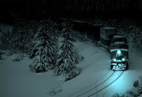 локомотив, ночь, снег