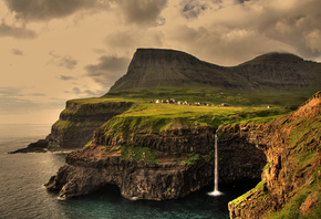 Фарерские острова, природа, водопад, море, океан, селение, небо, облака