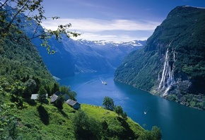 норвегия, природа, горы, лес, селение, корабль, водопад, корабль, небо