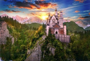 нойшванштайн, замок, Бавария, германия, альпы, природа, горы, солнце, закат ...