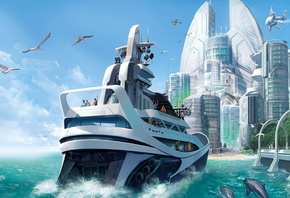 anno 2070, город, яхта, дельфины