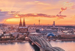 Германия, город, мост, рассвет, река, здания, собор, красота, небо, солнце