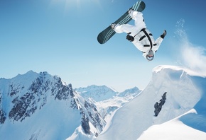 сноуборд, сноубординг, snowboarding, прыжок, доска, зима, снег, природа, очки, горы, небо, облака, солнце