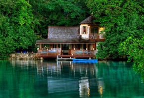 Ямайка, курорт, отдых, лето, озеро, домик, лодка, зелень, деревья, тишина,  ...