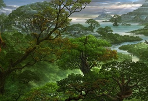 kazamasa uchio, фэнтези, дракон, природа, арт, красиво, картина, деревья
