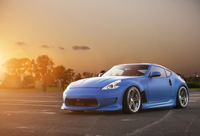 Nissan, 370Z, blue, front, ниссан, синий, тюнинг, обвес, солнце, закат, бли ...