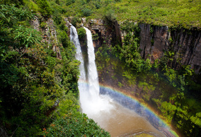природа, водопад, лес, река, вода, скалы, радуга, красиво