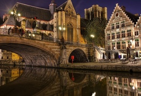 Бельгия, река, мост, здания, ночь, освещение, огни, набережная, отдых, крас ...