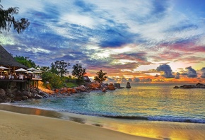 сейшелы, остров, дом, кафе, пляж, природа, океан, небо, закат