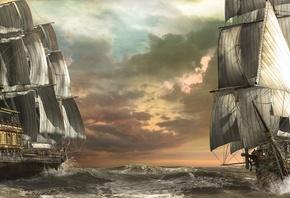 море, океан, шторм, парусник, арт, небо, пасмурно, Англия, корабли, фотошоп