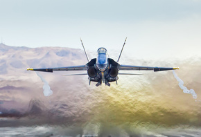 f a-18a hornet, самолет, истребитель, взлет, скорость, полет, фон, горы, небо