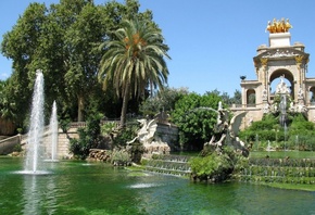 Природа, пейзаж, Барселона, фонтаны, водоем, скульптуры, деревья