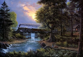 Jesse Barnes, картина, паровоз, лес, мост, река, мальчик, игра, небо, солнц ...