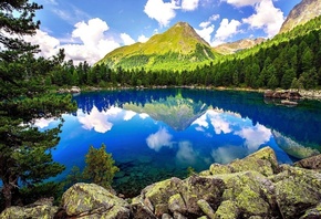 Природа, пейзаж, озеро, лес, горы, камни, деревья, небо, облака, отражение
