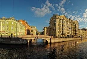 Петербург, набережная, река, мост, здания, небо, красота