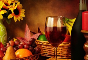 натюрморт, вино, бокал, бутылка, свеча, фрукты, ваза, цветы, фон, красота