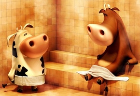 3Д, коровы, баня, персонаж, объем, плитка, полотенце, прикольно, весело, красиво, юмор
