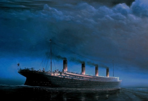 картина, живопись, корабль, Титаник, океан, ночь, небо, тучи, катастрофа