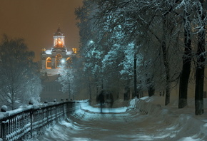 зима, храм, дорожка, деревья, снег, вечер, огни, красота