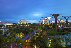 Сингапур, парк, река, огни, красота, здания, зелень