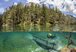 Австрия, озеро Грюнер, чудеса природы, красота, горы, лес, вода