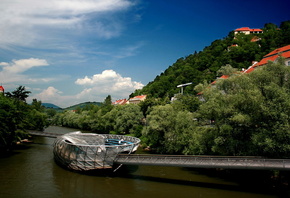 Австрия, Грац, мост остров, река, зелень, здания, небо, красота