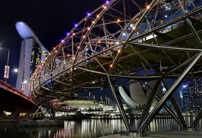 Сингапур, мост Хеликс, река, красота, здания, огни, ночь