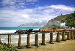 поезд, ретро, состав, паровоз, жд, дорога, мост, горы, пляж, небо
