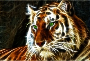 3D, 3Д, арт, тигр, хищник, фотошоп, темный фон