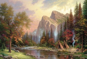 Thomas Kinkade, картина, природа, горы, люди, река