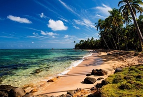 лето, пляж, океан, тропики, пальмы, лодка, красиво, камни, песок