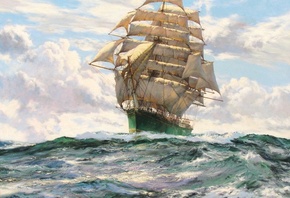 картина, живопись, корабль, парусник, море, небо, красиво