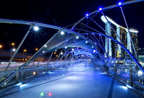 Сингапур, мост Хеликс, ночь, огни, здания, красота