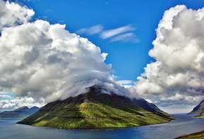 Faroe Islands, Фарерские острова, природа, горы, залив, небо, облака, рыбхо ...