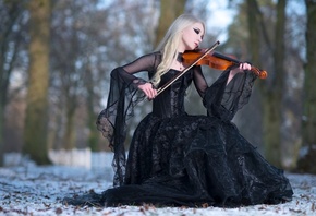 Maria Amanda, Winters Melody, Blonde, Winter, Snow, Violin, Black Dress, Stock