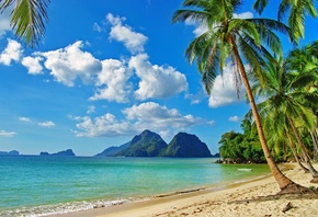 природа, горы, океан, пляж, тропики, пальмы, камни, небо, облака, рай, отды ...