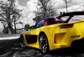 Mazda, Rx-7, Veilside, Tuning, Yellow, Back, Trees