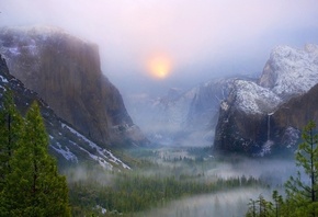 yosemite national park, природа, парк, США, зима, лес, водопад, утро, туман ...