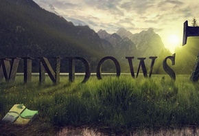 Windows 7, программа, заставка, трава, лягушка, горы, закат