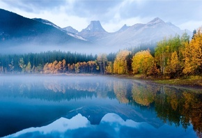 природа, горы, лес, озеро, осень, утро, рыбалка, вода, отражение, туман, кр ...