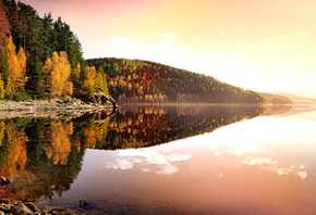 осень, озеро, природа, горы, лес, берег, вода, отражение, утро, красиво