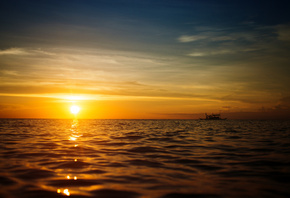 sunset, sea, boat, nature, landscape, beautiful scene, sky, sunbeams,  ...
