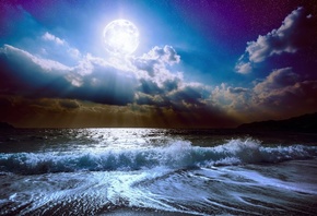 пляж, луна, ночь, облака, звезды, красиво, небо, океан, волны, свет, горы,  ...