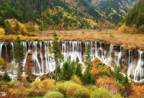 природа, водопад, лес, осень, горы, скалы, красиво
