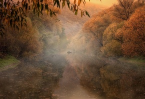 осень, рыбалка, река, деревья, утро, туман, красиво, природа, арт, фотошоп, ...