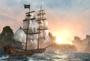 картина, арт, игра, океан, корабль, парусник, пираты, острова, джунгли, неб ...