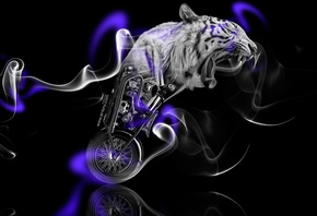 Tony Kokhan, Moto, Fantasy, Tiger, Bike, Smoke, Violet, Neon, Black, Side,  ...